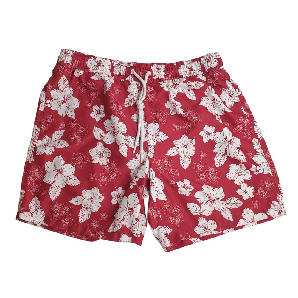 Mens Essentials Red White Floral Swim Trunks With Drawstring Size Large